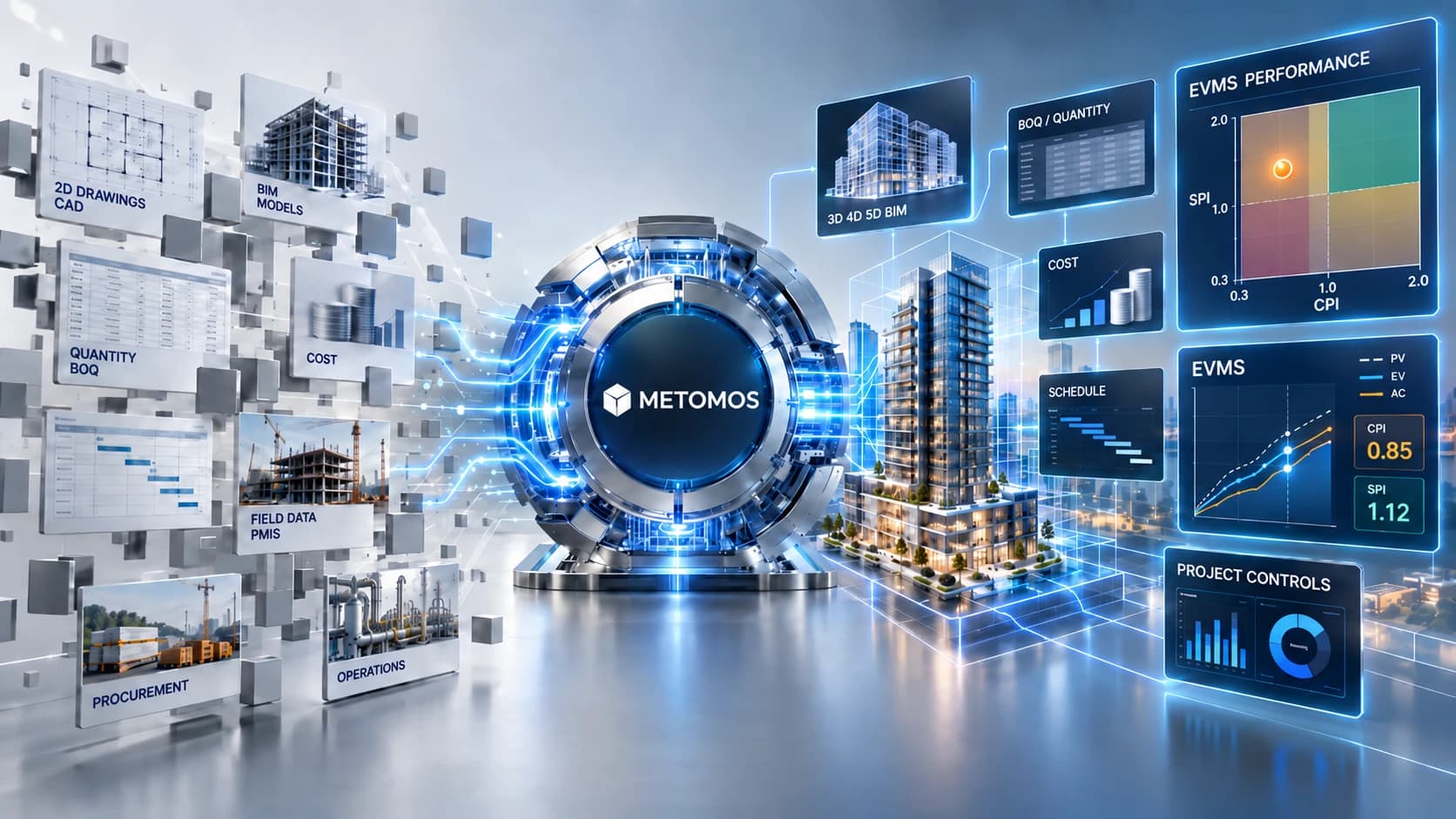 Fragmented project inputs — 2D drawings, BIM models, quantity/BOQ, cost, field data, procurement, operations — converging through METOMOS into connected 3D/4D/5D BIM, BOQ, cost, schedule, EVMS performance and project-controls output.
