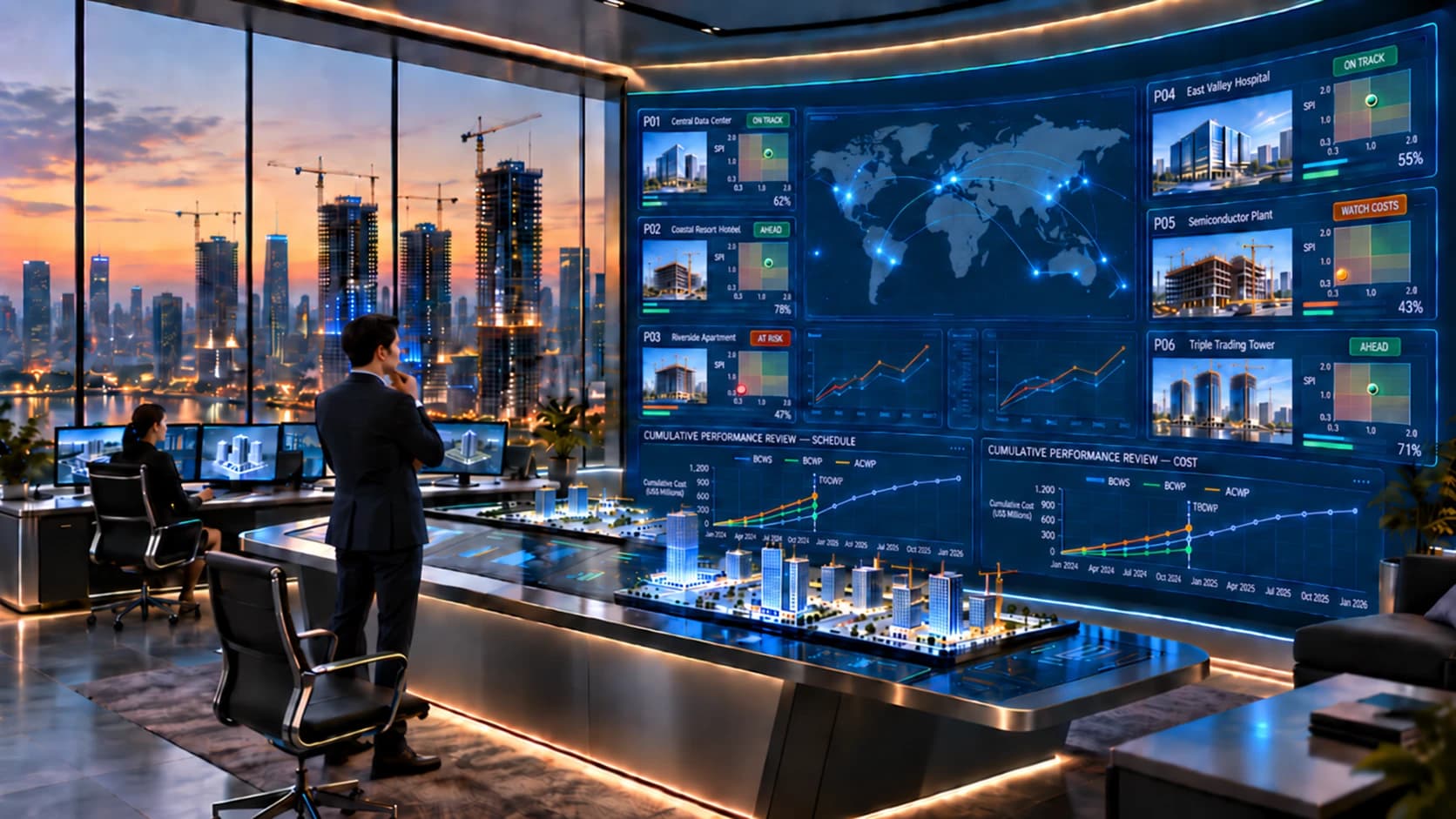 An engineer reviewing a portfolio of construction projects in a control room — each project with its SPI/CPI position and status, a world map of sites, and cumulative schedule and cost performance curves (BCWS, BCWP, ACWP).