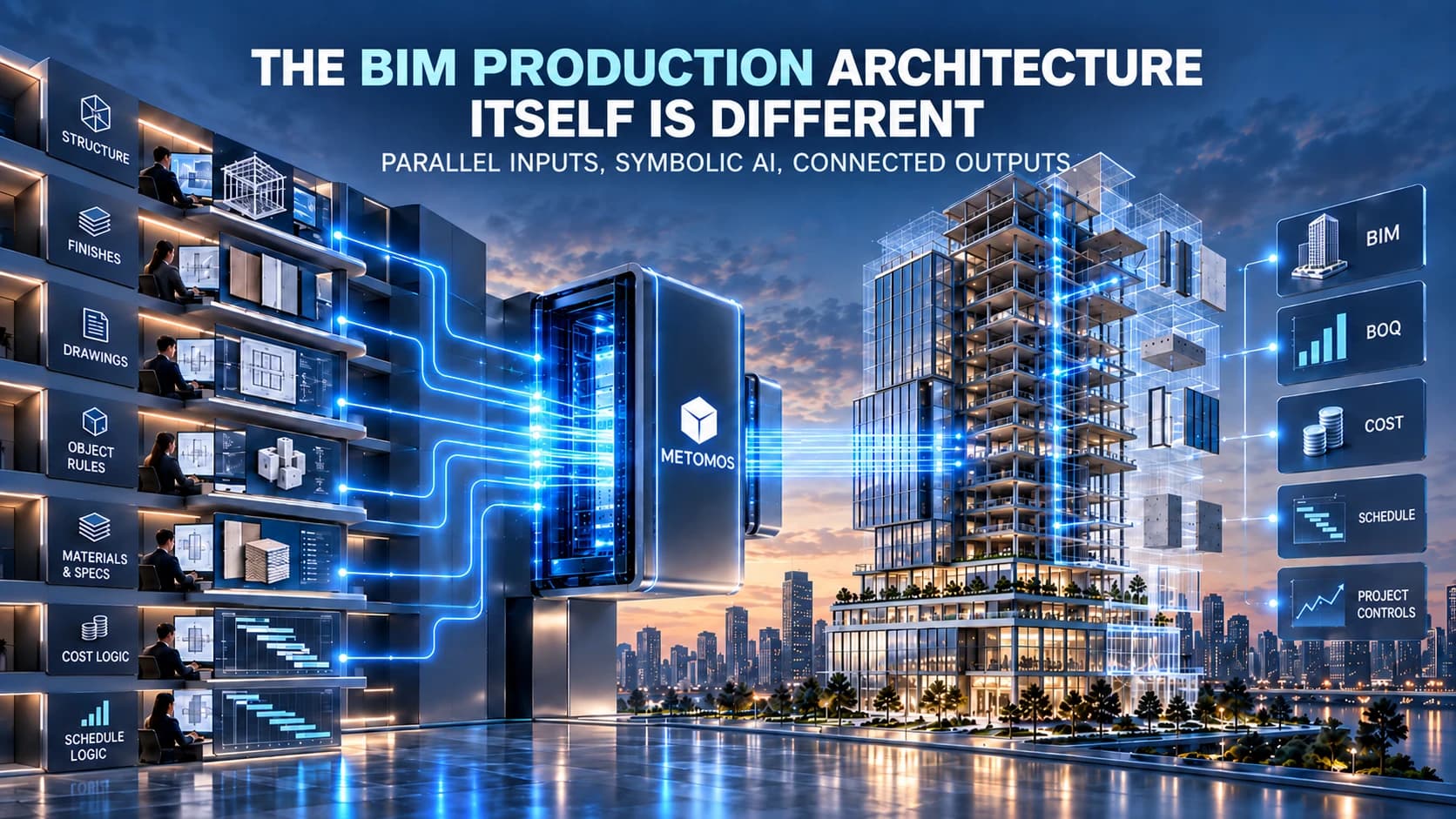 The BIM production architecture itself is different — parallel inputs, symbolic AI, connected outputs.